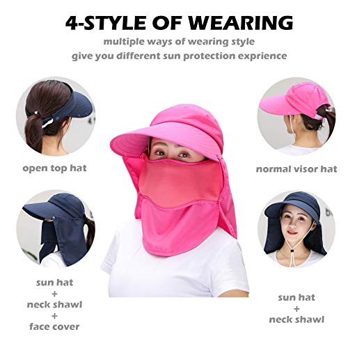 Women Wide Brim Face Mask Sun Hat Detachable Neck Face Flap Ponytail UV Protection Visor Hat Garden Fishing Hiking - color: A2-shun005-gray
