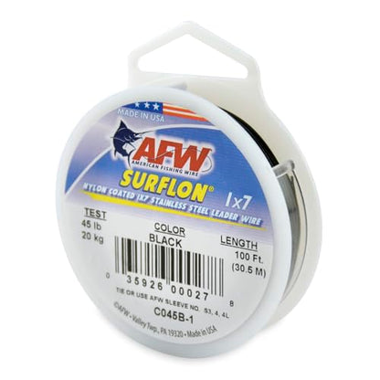 American Fishing Wire Surflon Nylon Coated 1x7 Stainless Steel Wire Leader - Wire Fishing Leader Line for Saltwater 10lb Up To 250lb Test in Bright, Black, Camo in 30ft, 100ft, 300ft, & 1000ft Lengths - color: Black, style: 100 Feet, 45 Pound Test