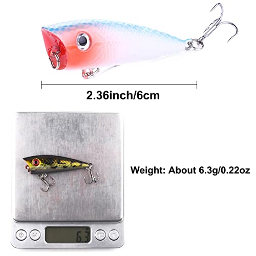 Popper Fishing Lures Topwater Fishing Baits Hard Baits 3D Eyes Swimbait Crankbait with Treble Hook for Bass Trout Freshwater Saltwater - color: 5pcs-2.36in/0.22oz