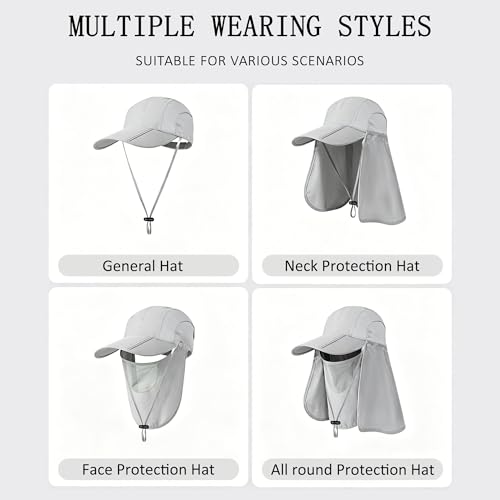 2Pack Men’s Foldable Sun Hat with Removable Face Mask & Neck Flap, UPF 50+ UV Protection, Quick-Drying Outdoor Fishing Cap - color: Dark Grey+light Grey