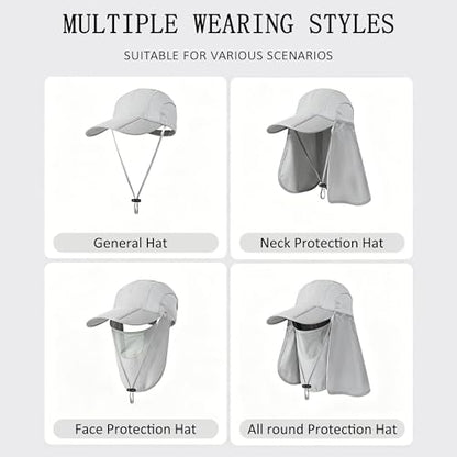 2Pack Men’s Foldable Sun Hat with Removable Face Mask & Neck Flap, UPF 50+ UV Protection, Quick-Drying Outdoor Fishing Cap - color: Dark Grey+light Grey