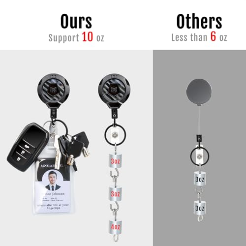 MNGARISTA Upgraded Heavy Duty Retractable Keychain with Belt Clip, 10 OZ Retraction, 31.5" Stainless Steel Cord Key Chain, 3K Carbon Fiber ID Badge Reel Holder with Badge Strap and Key Ring, 4 Pack - color: Black Keychain 4 Pcs