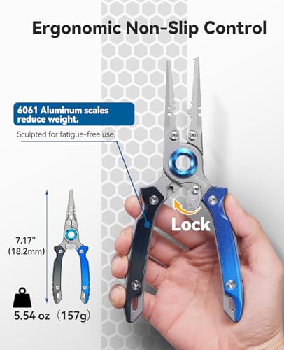 KEXMO 17-4 Stainless Steel Fishing Pliers, Anti-Twist Saltwater Hook Remover Tool, 7.17" Split Ring Pliers with Tungsten Cutters, Lightweight Aluminum Scales, Luminous Locking S-Carabiner - color: Blue