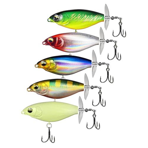 5Pcs Whopper Fishing Lure for Bass Popper Topwater Fishing Lures with Two Propeller Blade Floating Rotating Tail Barb Treble Hooks in Freshwater Plopping Lures