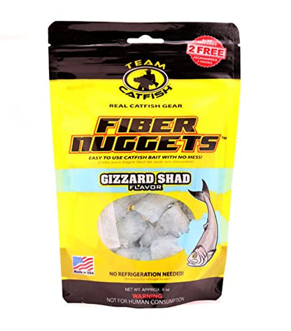 Team Catfish Fiber Nuggets with Fishing Bait Bag & Hooks, Gizzard Shad | 6 oz fiber nuggets, baitfish blood, nightcrawler, gizzard shad, slow-dissolve chum trail, resealable bag, 2 Jackhammer Hooks