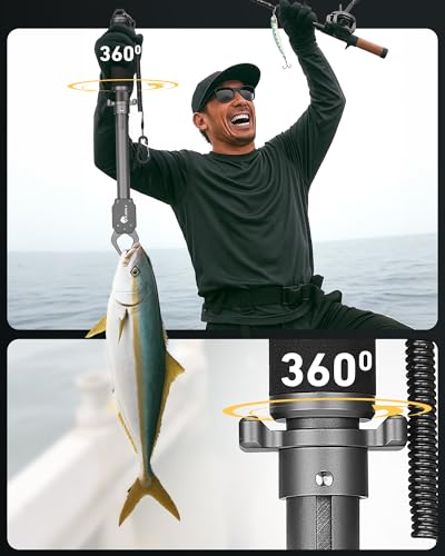 GOLDEN J 16" Fish Lip Gripper - Heavy-Duty & Saltwater Proof, Aircraft-Grade Aluminum Alloy, 60LB Capacity, Non-Slip 360° TPR Swivel Handle & Anti-Escape Push Rod, for Surf, Ice, Fresh/Saltwater