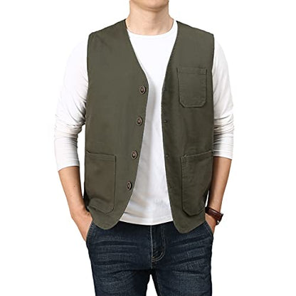 PRIJOUHE Men's Casual Outdoor Cotton Vest Lightweight Breathable Multi-Pocket Fishing Safari Travel Vests Outwear - color: 02-green, size: Large