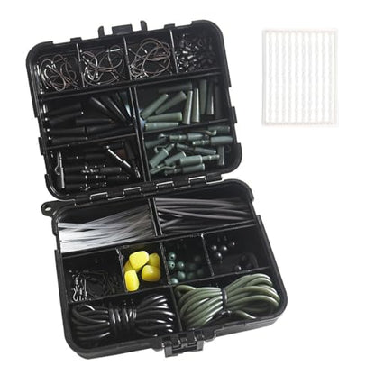 178-Piece Carp Fishing Tackle Kit with Storage Box, Includes Carp Hooks, Anti Tangle Sleeves, Hook Stop Beads, Rolling Swivels & Assorted Terminal Fishing Accessories