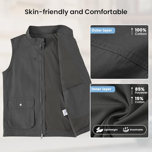 TBMPOY Men's Lightweight Vest Cotton Stylish Sleeveless Travel Casual Work Canvas Outerwear Utility Jacket Fishing Hiking - color: Deep Gray, size: Medium