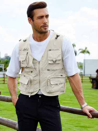 Gihuo Mens Fishing Vest Lightweight Utility Vests Cargo Outdoor Safari Travel Vest with Pockets - color: Beige, size: X-Large