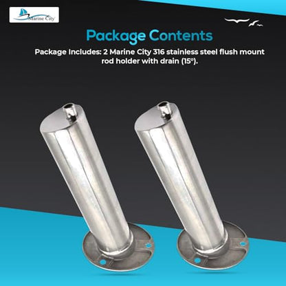 Marine City Heavy Duty Strong 316 Stainless-Steel Gloss Polished Finish Flush Mount Angled Fishing Rod Pole Holder with Drain 15 Degree