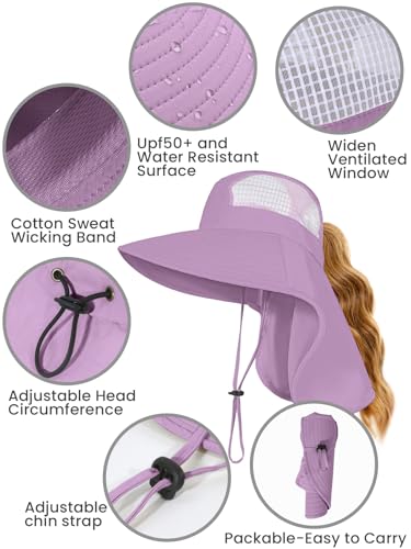 Sun Hats for Women UV Protection with Neck Flap Wide Brim Beach Hats with Ponytail Hole for Hiking Fishing Gardening Travel - color: Dark Purple