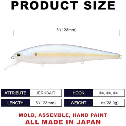 LUCKY CRAFT Pointer 128SP, Freshwater Lake Bass Fishing Lure, Jerkbait, Suspending, Fishing Gear, Fishing Accessories, Fishing Tackle - color: 250 Chartreuse Shad