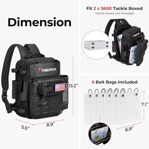 Piscifun Fishing Tackle Backpack, 3-Way Carry with Rod Holders | 16 smart pockets, 2 rod holders, Rain cover, Breathable back support, Convertible sling/waist/backpack carry - color: Black
