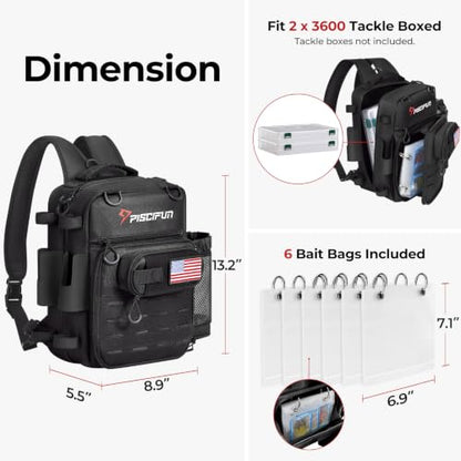 Piscifun Fishing Tackle Backpack, 3-Way Carry with Rod Holders | 16 smart pockets, 2 rod holders, Rain cover, Breathable back support, Convertible sling/waist/backpack carry - color: Black