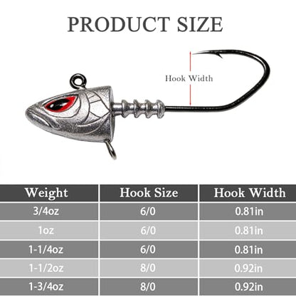 Saltwater Jig Heads 10 Pack, 3D Red Eyes with Bait Keeper & Belly Trailer Hole, 3/4oz to 1-3/4oz, 6/0 & 8/0 Hooks for Inshore Offshore Saltwater Fishing - size: Assorted Sizes - 10Pcs (2Pcs each size)