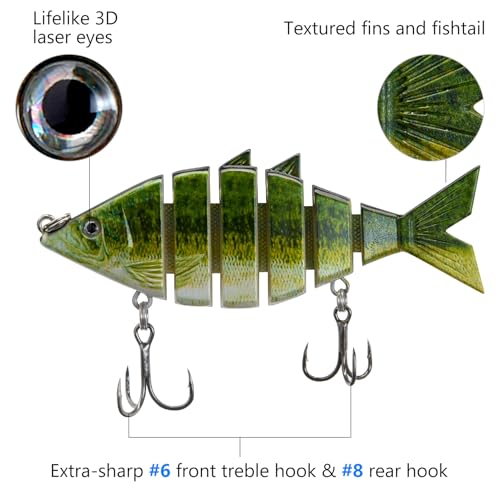 BASSDASH Bone Swimbait Multi Jointed Hard Fishing Lure for Bass Trout Bluegill Pike with Angled Cut Segments - color: Largemouth Bass