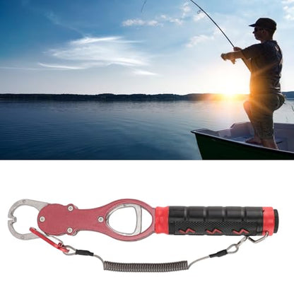 Fish Lip Gripper, Fish Lip Gripper with Scale Aluminum Alloy Grabber Multifunctional Fishing Tool for Men (Red - color: Red