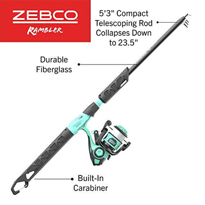 Zebco Rambler Fishing Reel and Rod Combo, Durable Fiberglass Rod with Built-in Carabiner, Patented No-Tangle Reel, Pre-Spooled with 8-Pound Zebco Fishing Line - style: Spinning Reel - Telescopic Rod