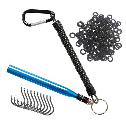 Reaction Tackle Wacky Rig Tool and O-Rings for Soft Plastic Worms, Bass Fishing Wacky Rig and Neko Rig Stick Bait Setup for Largemouth and Smallmouth - color: Blue Tool + 125 O-rings + 10 hooks