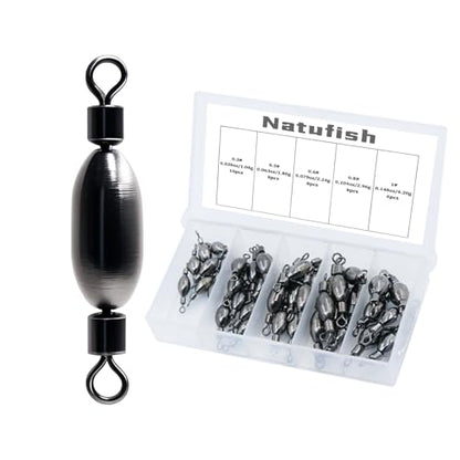 Natufish Fishing Sinkers – Bullet Weights, Drop Shot Weights, Bank Fishing Weights with Quick-Change Swivel for Saltwater/Freshwater – Brass Lead Weights Fishing Kit for Bass, Catfish - size: 40pcs-Five Sizes