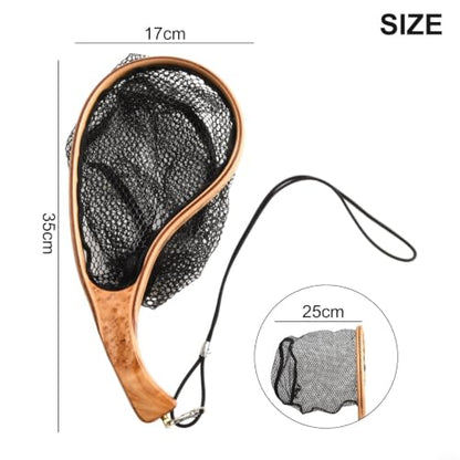 Fly Fishing Net Wooden Frame Landing Catch Release Net Ergonomic Handle Hexagonal Mesh Fish Friendly Design for Stream River Fly Fishing Outdoor Sports Equipment Natural Wood Finish