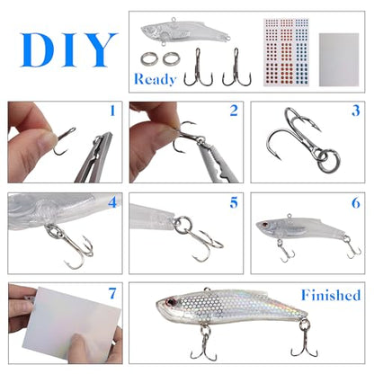 Blank Fishing Lure Kit,Unpainted Popper Plug Lures DIY Crank Bait Set Fishing Pliers Treble Hooks 3D/4D Lure Eyes Bait Sticker Split Rings,Fish Tackle Accessories Kits - color: Lure Kit-12pcs