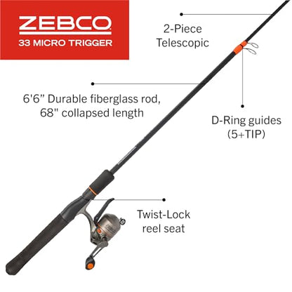 Zebco 33 Micro Trigger Spincast Reel and Fishing Rod Combo, 6-Foot 6-Inch 2-Piece Telescopic Rod, Ultra-Lt Power, Mod Action, Size 10 Reel, 4.3:1 Gear Ratio, 23-Piece Mr. Crappie Tackle Kit, Silver