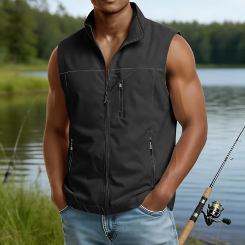 Mens Golf Vest Waterproof Fishing Shirt Zip Up Sleeveless Jacket with Pockets Outdoor Camping Hiking Shirts Travel Photo Vest - color: A03 Black, size: X-Large