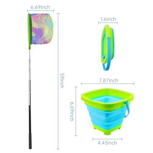 2PCS Fishing Net with Bucket, Telescopic Fishing Landing Net, Collapsible Youth Sand Bucket, Youth Fish Butterfly Catching for Freshwater Saltwater Outdoor Activities - color: Orange + Green