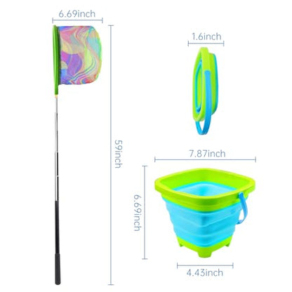 2PCS Fishing Net with Bucket, Telescopic Fishing Landing Net, Collapsible Youth Sand Bucket, Youth Fish Butterfly Catching for Freshwater Saltwater Outdoor Activities - color: Orange + Green