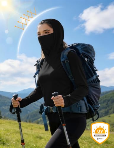 isnowood Women's Sun Protection Hoodie UPF 50+ Hiking Fishing Shirt, Long Sleeve UV Rash Guard with Face Mask Lightweight - color: Black, size: Medium