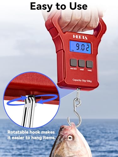 HEETA Fish Scale, 110lb/50kg Digital Portable Hanging Fishing Weight Scale with Backlit LCD Display, Luggage Scale with Hook, Non-Slip Large ABS Handle & 2 AAA Batteries, Fishing Gifts Gear for Men - color: Red