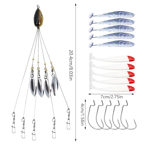 Dnyta 5 Arms Umbrella Rig Kit Umbrella‑Style Alabama Rig Kit, Classic | Multi‑Arm Fishing Bait Rigs Crank Hook and Soft Bait for Trout Perch Walleye Freshwater/Saltwater Boat Trolling - color: Classic