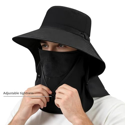 Sun Hat for Men and Women, UPF 50+ UV Protection, Wide Brim Breathable, Fish Hat with Neck Flap and Breathable Face Mask - color: Black