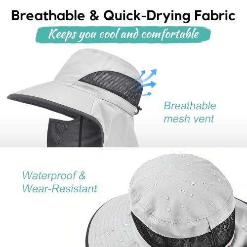 2 Pack Women Men Outdoor Wide Brim Sun Hat with Neck Face Flap,UPF 50+ Protection Fishing Garden Work Hat with Ponytail Hole - color: Light Grey ＆ Beige