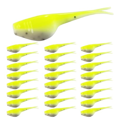 Split-Tail Crappie Lures - 24pcs Soft Plastic Lures for Bluegill, Panfish, Trout, Bass - color: Yellow-white