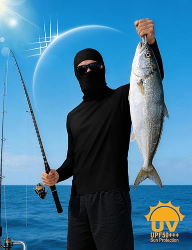 Roadbox Men's UPF 50+ Sun Shirt Long Sleeve Fishing Hoodie, UV Protection Hooded Rash Guard with Mask for Hiking Running - color: Black, size: Large