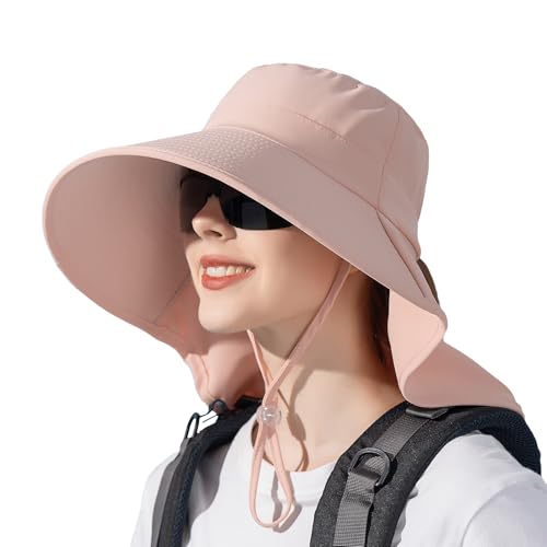 Peicees UPF 50+ Waterproof Fishing Hat with Wide Brim & Neck Flap - UV Protective Summer Sun Hat for Men Women Fishing Gear - color: Pink