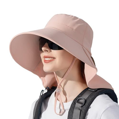 Peicees UPF 50+ Waterproof Fishing Hat with Wide Brim & Neck Flap - UV Protective Summer Sun Hat for Men Women Fishing Gear - color: Pink
