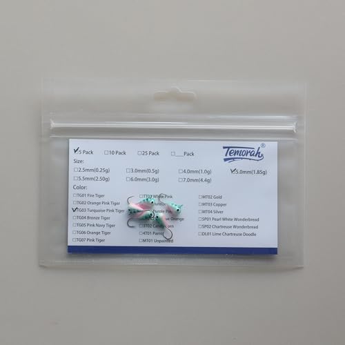 5 Pieces 3.0-6.0mm Teardrop Tungsten Ice Jig - color: TG03 Turquoise Pink Tiger Glow, size: TIJ02 3MM 5PCS