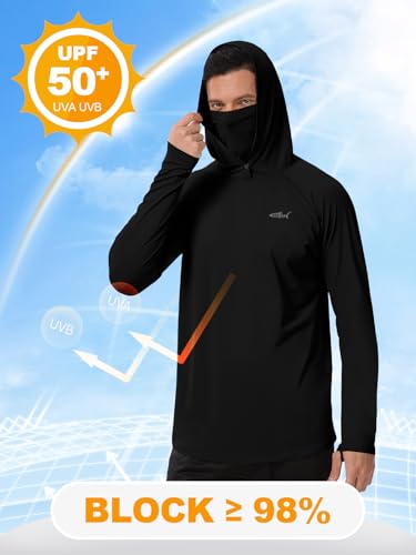 Men's UPF 50+ Sun Protection Hoodie Lightweight Quick Dry Fishing Shirts Long Sleeve Rash Guard with Mask - color: Black, size: Medium
