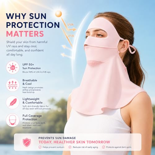 Face Cover for Sun Protection UPF 50+ UV Face Mask, UV Face Shield for Golf, Hiking Fishing & Outdoors Breathable - color: Pink