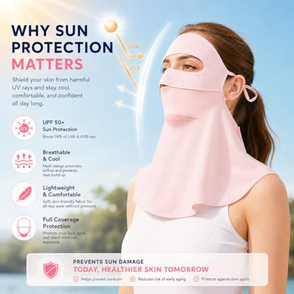 Face Cover for Sun Protection UPF 50+ UV Face Mask, UV Face Shield for Golf, Hiking Fishing & Outdoors Breathable - color: Pink