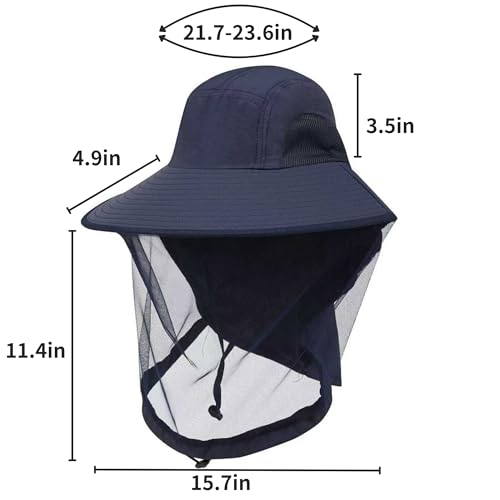 Mosquito Fishing Safari Mesh Net Hat with Neck Flap, Sun Protection Women Men Bug Cap, Hidden Netting Boonie - color: Navy