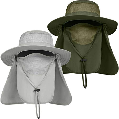 IYEBRAO Mens Outdoor Sun Hat with Face Neck Flap UV Protection Wide Brim Fishing Hat for Hiking Safari Gardening UPF 50+ - color: 2 Pack-light Gray＆green