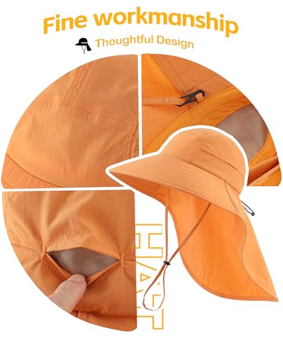 Home Prefer UPF 80+ Sun Hat for Men Women Wide Brim Sun Hat with Neck Flap Summer Beach UV Protection Gardening Fishing Hat - color: Muskmelon Orange