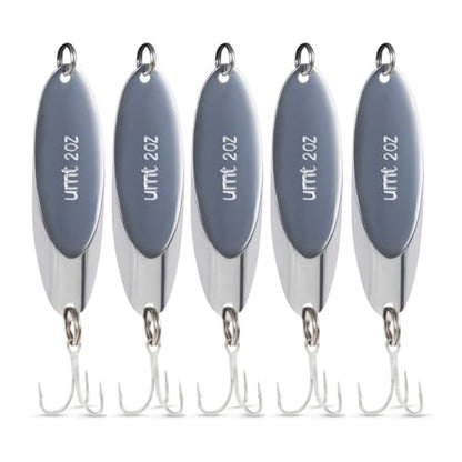 UMT Chrome Fishing Spoon Lure 3/4oz,1oz, 2oz – Sharp 3/0 Treble Hook for Freshwater & Saltwater Bluefish, Trout, Steelhead 1, 5, 10 Pack Options - size: 5 Pack