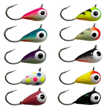 Reaction Tackle Tungsten Ice Fishing Jigs, Tear Drop Jig Heads that Glow with UV Light for Panfish, Crappie, Walleye, Perch, Trout and Bluegill - color: 10-pcs Variety Pack, size: 4 mm