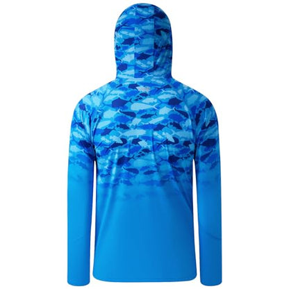 BASSDASH Youth UPF 50+ Hooded Shirts with Mask UV Neck Gaiter Sun Protection Long Sleeve T Shirt for Fishing Swim - color: Blue Fish Gradient, size: Medium